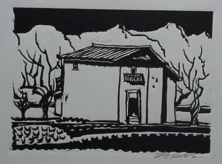 Milford Zornes, Linoleum Block,  "House in Majorca",  size:  9"