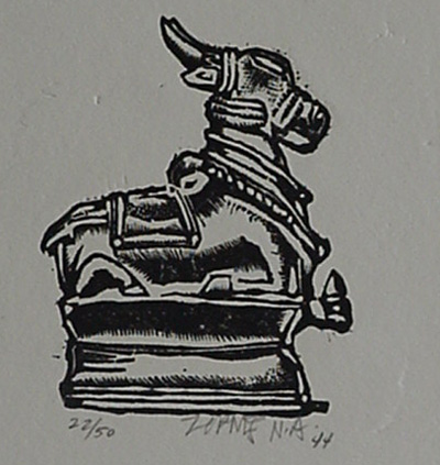 Milford Zornes, Wood Engraving,  "China Bull",  size:  4 1/2" x