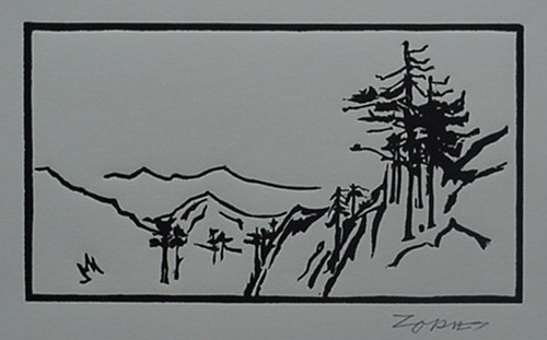 Milford Zornes, Linoleum Block,  "Mountain High",  size:  5 1/2"