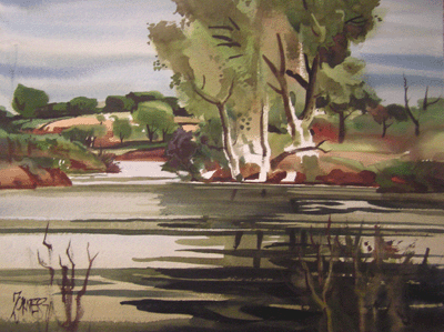 Milford Zornes, 22" x 30" Watercolor Titled"Wooded Lake" 1971