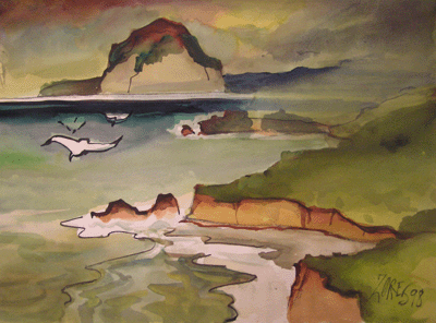 Milford Zornes, Watercolor 22" x 30" Titled: "Northern Coast", 1