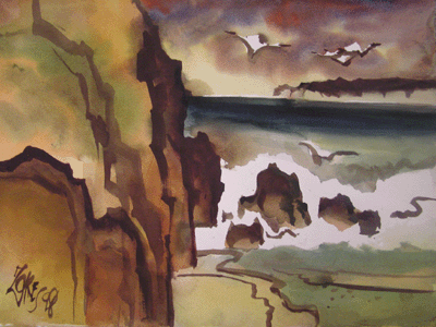 Milford Zornes, Watercolor 22" x 30" Titled: "Rocks and Sea at C
