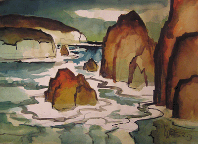 Milford Zornes, Watercolor 20" x 28" Titled: "Rocky Coast" 2003