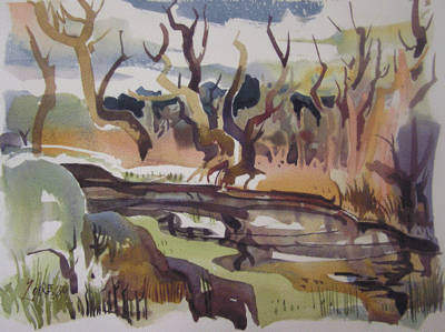 Milford Zornes, Watercolor 22" x 30" Titled: "Trees at the Lake"
