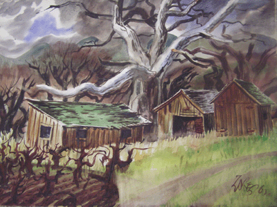 Milford Zornes, Watercolor 22" x 30" Titled: "House in the Woods