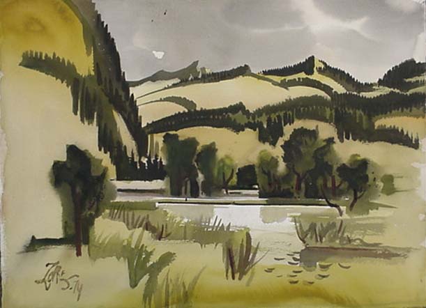 Milford Zornes, Watercolor  22"  x  30",  Titled: "Mountain Lake