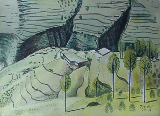 Milford Zornes, Watercolor  22"  x  30 1/2",  Titled: "Lands of